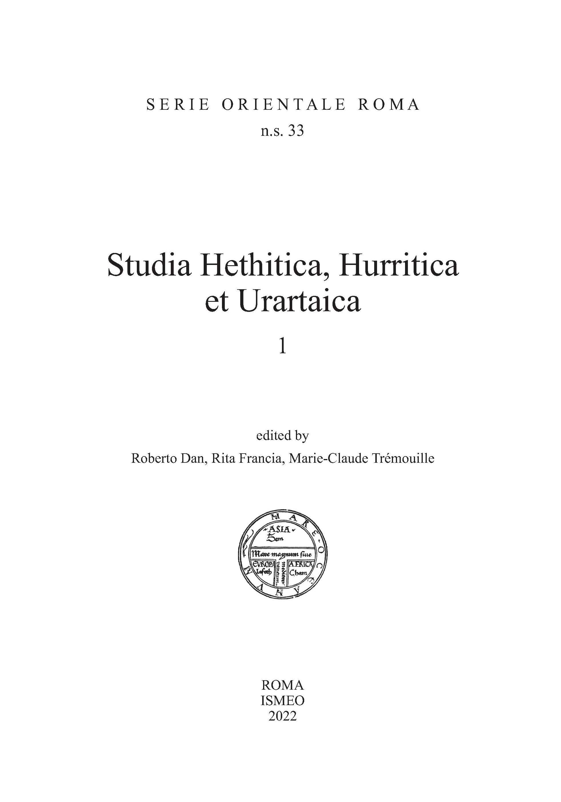 Studia Hethitica, Hurritica et Urartaica 1 - SERIE ORIENTALE ROMA n.s. 33